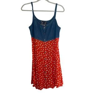 Vintage 90's Summer Dress Denim Daisy Blue Orange Womens Size 6